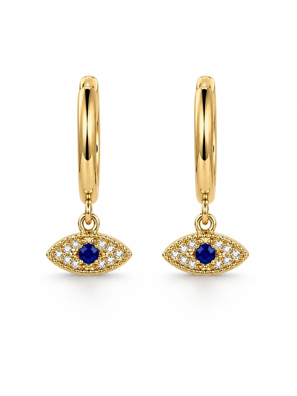 Gold Hoop Earrings with Blue Stone Evil Eye Charm